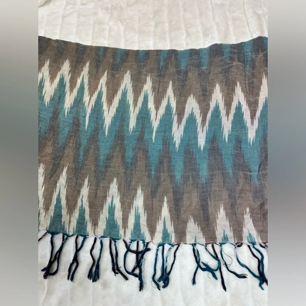 Ikat Boho Teal Brown Cream Fall Spring Tassel Scarf Travel Lightweight Semisheer